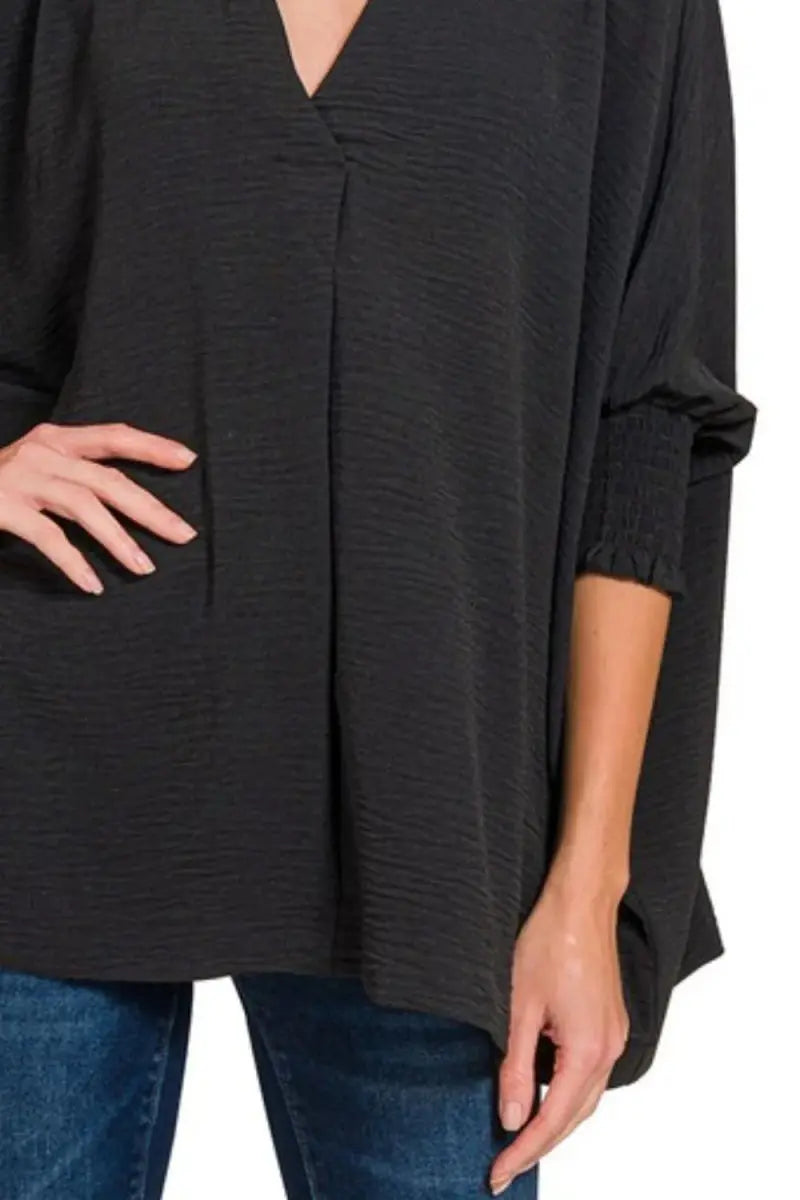 Zenana Airflow Collar Tee with Smocked Sleeve Band Top - Love Salve